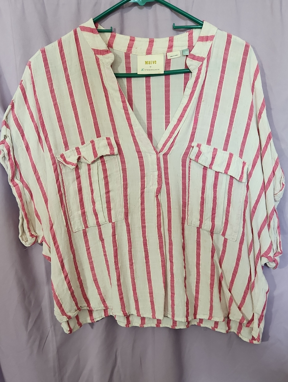 Anthropologie Maeve White and Pink Vertical Stripe Popover Blouse
